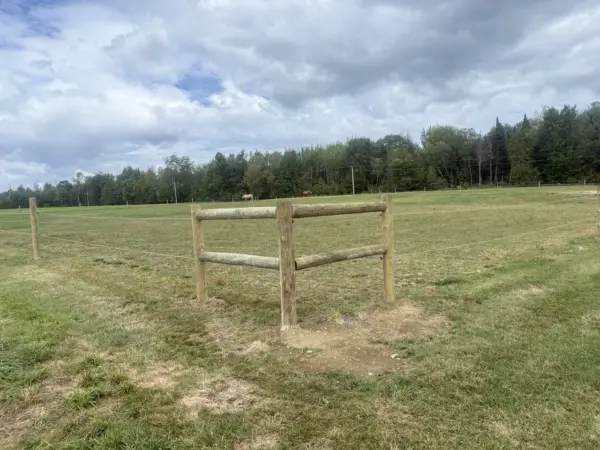 New wooden post-and-rail horse fence brace in an open pasture